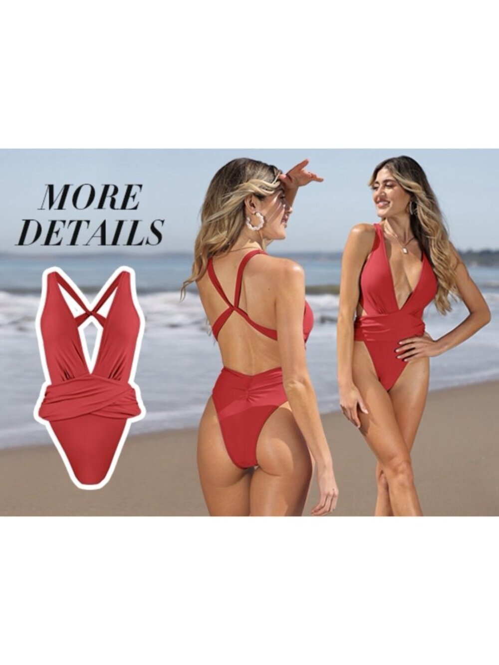 Cupshe Red Deep V Crossback One Piece Swimsuit Womens M NWT Read